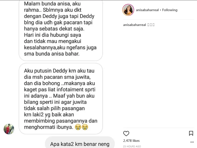 Ada perempuan lain juga yang mengaku pacar Deddy ©instagram/anisabaharreal