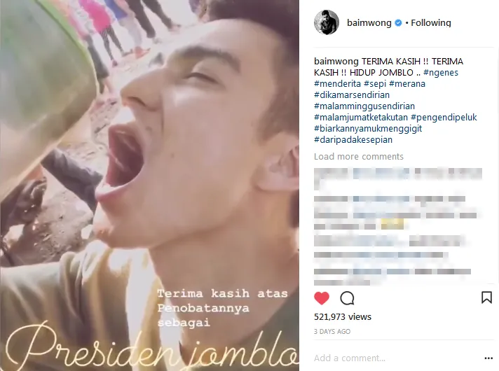 Baim Wong dinobatkan sebagai Presiden Jomblo? / Credit: Instagram - baimwong