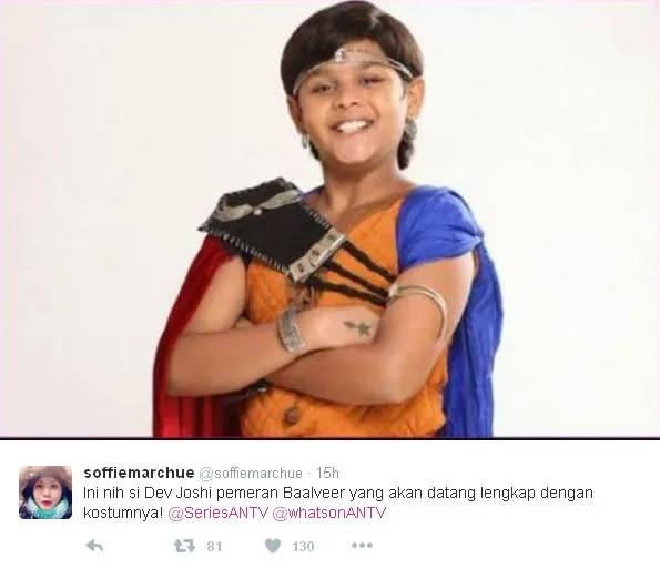 Dev Joshi 'Baal Veer' bakal sambangi Indonesia dengan kostum lengkapnya © Twitter.com/soffiemarchue