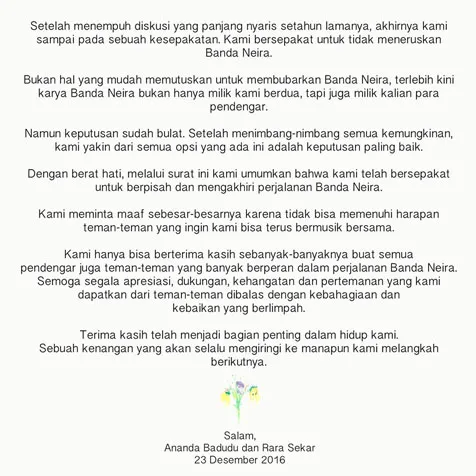 Surat terbuka bubarnya duo folk Banda Neira © facebook.com/dibandaneira