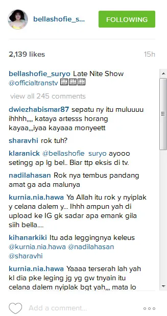 Netizen pun heboh dengan foto Bella. @instagram/bellashofie_suryo