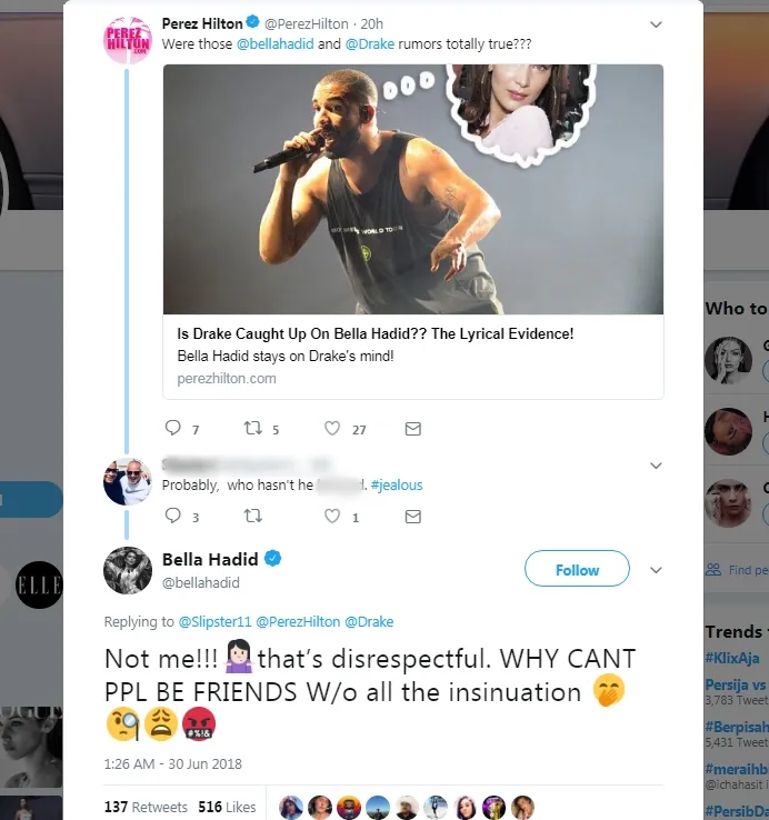 Sanggahan Bella terhadap gossip dirinya dan Drake. (twitter.com/bellahadid)