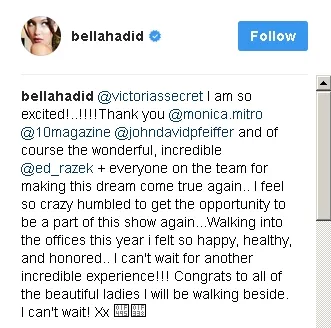 Bella Hadid konfirmasi bakal ikut VSFS 2017 © Instagram.com/bellahadid