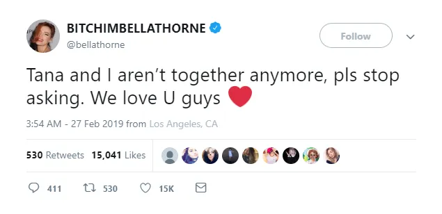 Bella akui sudah putus dari Tana © twitter.com/bellathorne