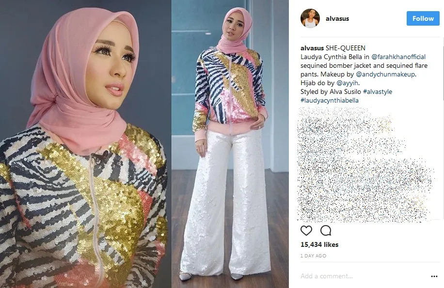 Kece dan stylish, Bella pakai jaket dan celana sequin. /©instagram.com/alvasus