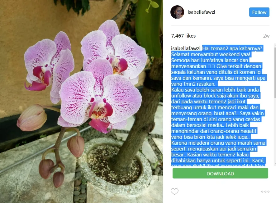 Bella Fawzi mengajak agar netizen tidak jatuh ke sikap saling benci. 姆nstagram/isabellafawzi
