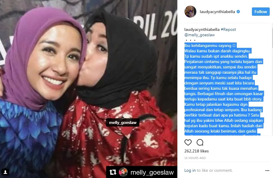 Bella repost Melly Goeslaw di instagram. 姆nstagram.com/laudyacynthiabella