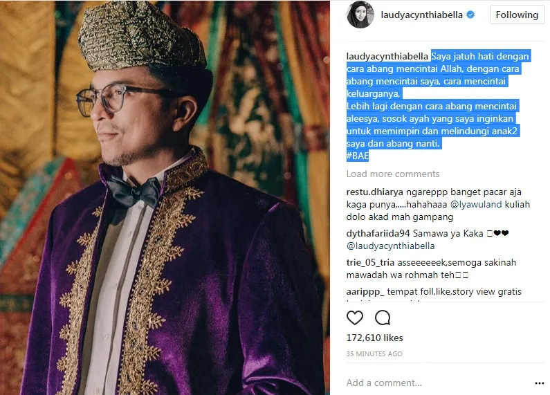 Laudya Chynthia Bella mengungkap apa yang membuatnya jatuh cinta dengan Engku Emran. 姆nstagram.com/laudyachynthiabella