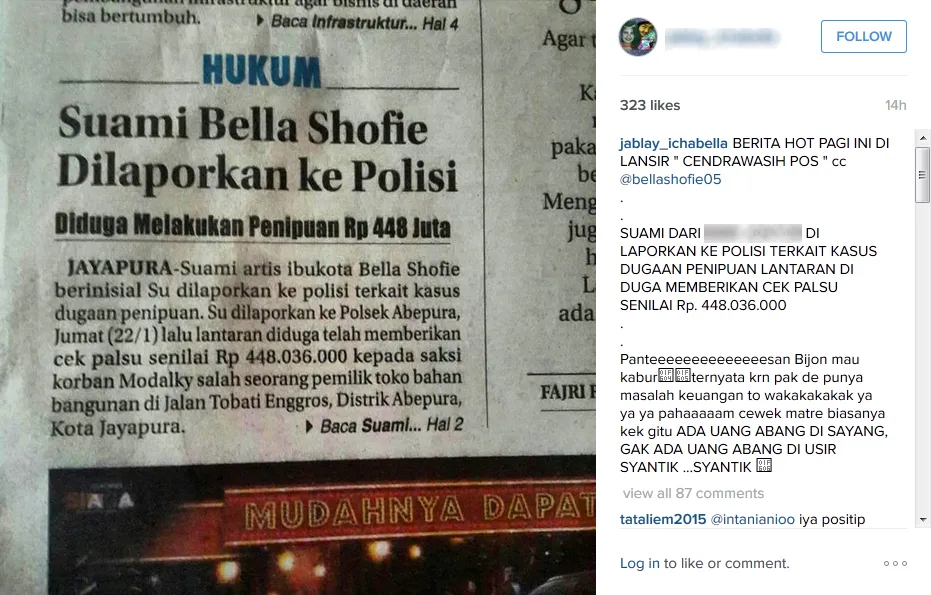 Suami Bella terlibat kasus penipuan? © Instagram - jablay_ichabella/Cendrawasih Post