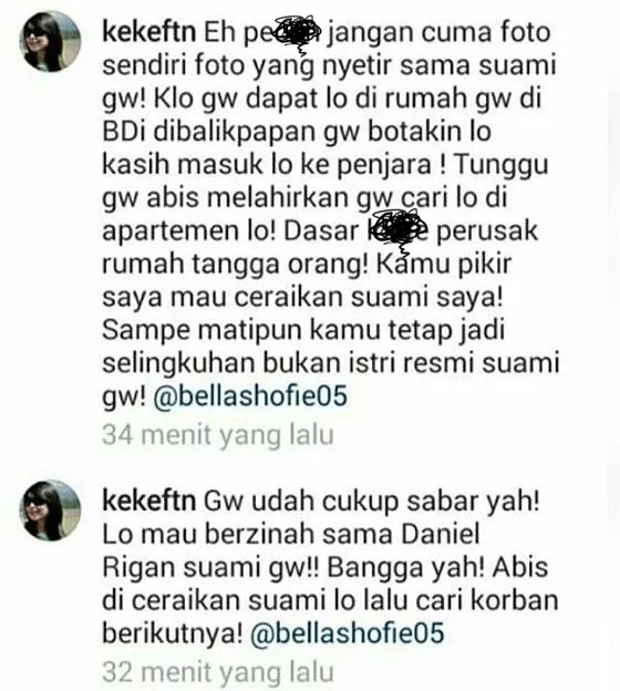 Komentar wanita yang diduga sebagai istri Daniel Rigan. Komentar ini sudah dihapus dari instagram. ©instagram.com/bellashofie05