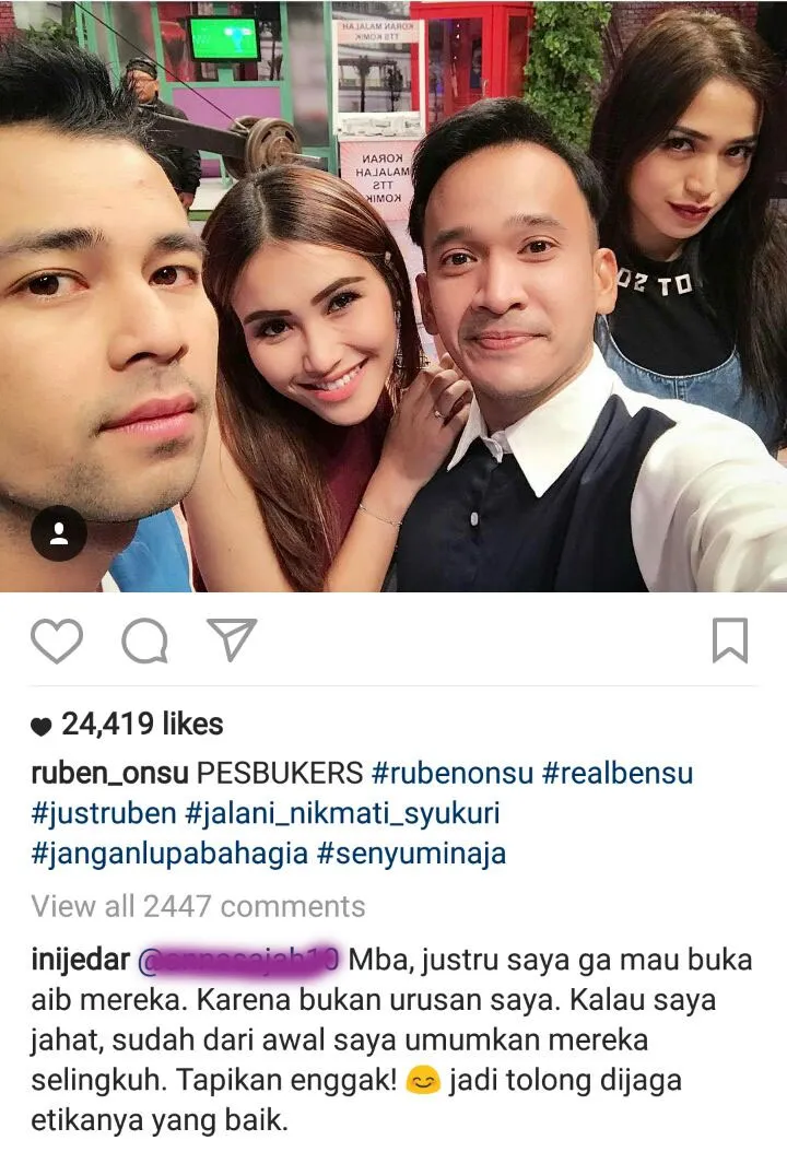 Postingan foto di Instagram Ruben Onsu berakhir dengan komentar Jedar soal isu perselingkuhan Raffi - Ayu Ting Ting. ©Instagram/Ruben_Onsu