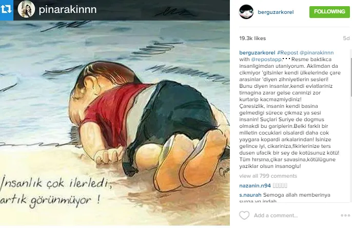 Berguzar malu dengan tragedi yang menimpa Aylan Kurdi. ©instagram/berguzarkorel