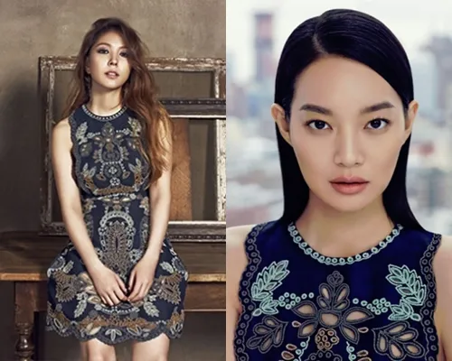 BoA dan Shin Min Ah dalam majalah dan gaun yang sama. ©KPopstarz.com