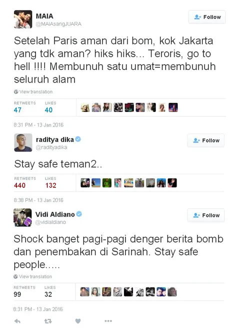 Reaksi para seleb atas ledakan bom di Sarinah Thamrin © istimewa