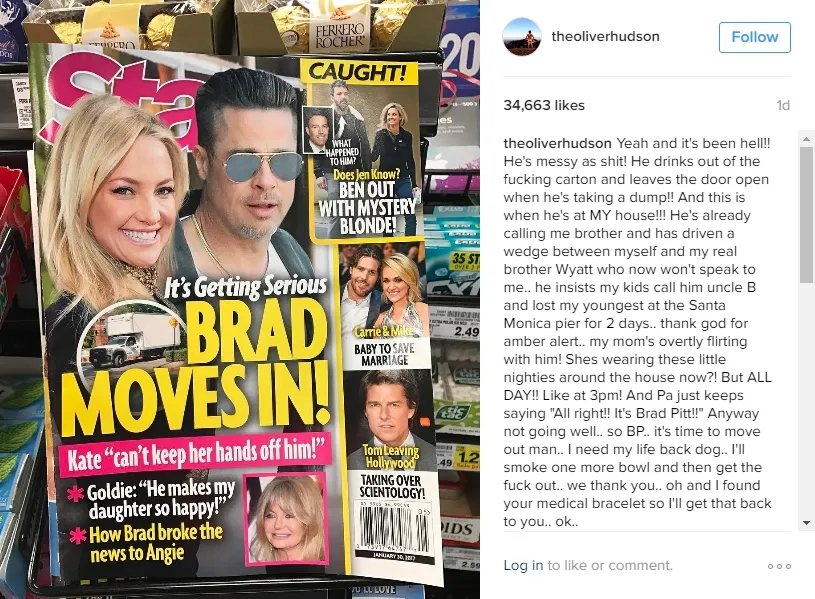 Kakak Oliver Hudson malah menertawakan rumor kencan adiknya, Kate Hudson dengan Brad Pitt © instagram.com/theoliverhudson