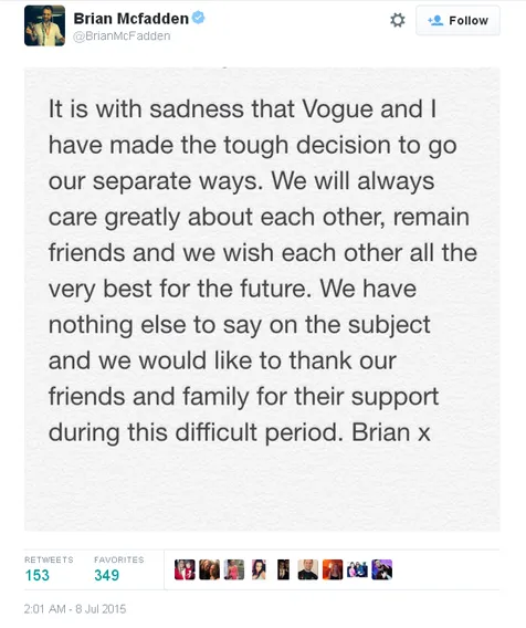 Brian ungkapkan perceraian dengan istrinya @ twitter.com/BrianMcFadden