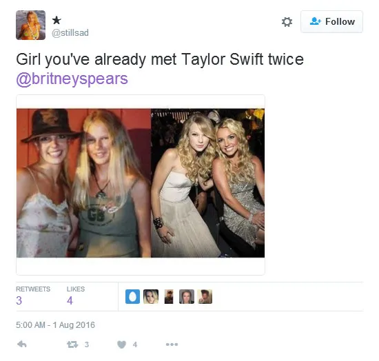 Momen awkward, Britney mengaku kalau ia sama sekali belum pernah bertemu Taylor Swift © twitter.com/stiIIsad