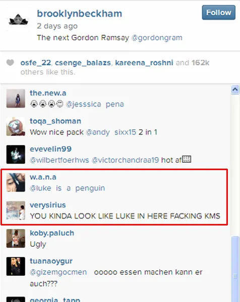 Komentar dari follower Brooklyn @ instagram.com/brooklynbeckham