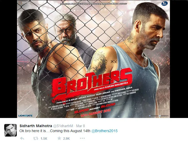 Poster film 'BROTHERS' yang diunggah Sidharth Malhotra @twitter.com/S1dharthM