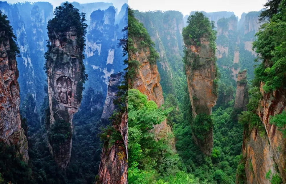Foto editan tebing dengan ukiran patung Budha (kiri) dan foto asli tebing (kanan)