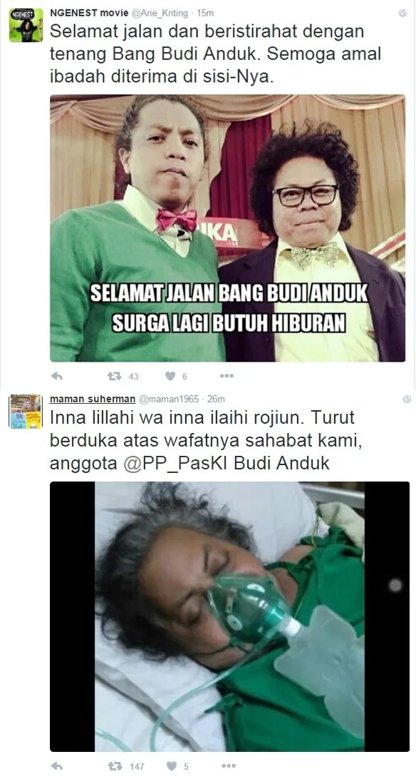 Duka mendalam, Budi Anduk dikabarkan meninggal dunia. ©twitter @maman1965+Arie_Kriting