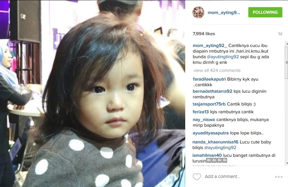 Rambut Bilqis jadi lurus © Instagram.com/mom_ayting92_