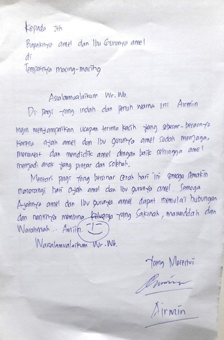 Dan ini surat yang menyarankan agar Ayah dan Ibu Guru Amel bersatu © twitter.com/kunthit