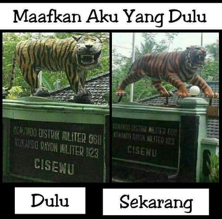 Seorang pengguna internet membandingkan patung macan Koramil Cisewu dulu dan kini © twitter.com/negativisme