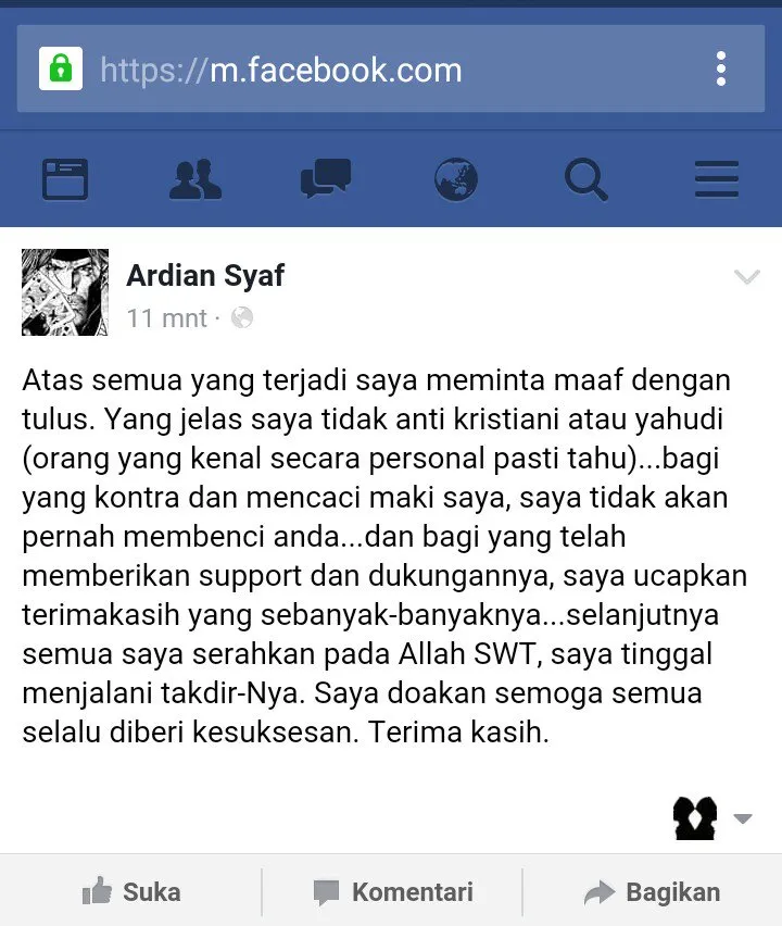 Permintaan maaf Adrian Syaf di halaman Facebooknya © Facebook.com/Adrian Syaf