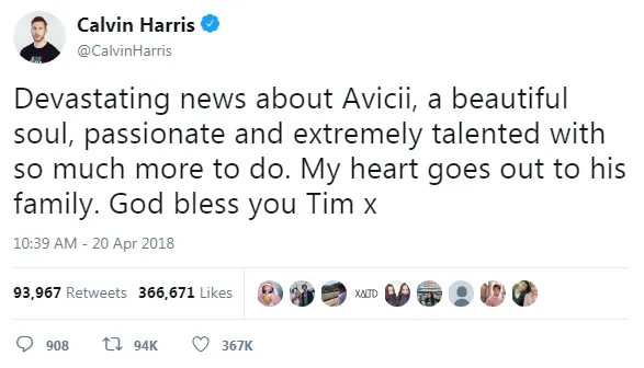 Calvin Harris ikut mengungkapkan rasa dukanya atas kepergian DJ asal Swedia tersebut © twitter.com/CalvinHarris