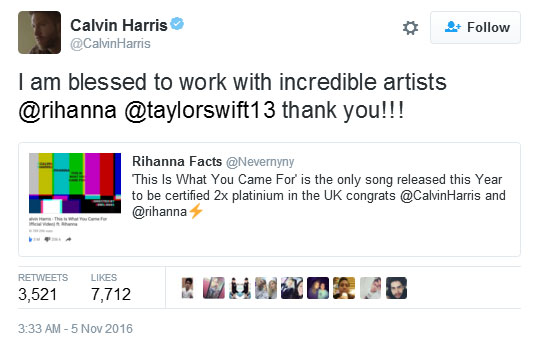 Calvin Harris ucapkan terima kasih pada Taylor Swift sebagai penulis lagu This Is What You Came For © twitter.com/CalvinHarris
