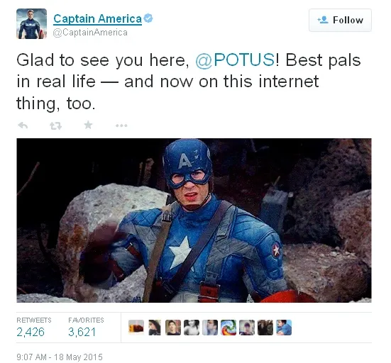 Captain America mengucapkan selamat datang kepada Presiden Obama di Twitter © twitter/CaptainAmerica