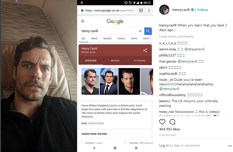 Henry Cavill meyakinkan fansnya dirinya masih hidup dan sangat sehat. © instagram.com/henrycavill