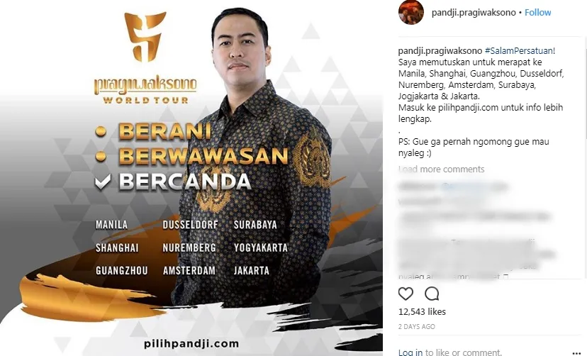 Ini kota yang akan dikunjungi Pandji dalam worl tour kali ini. (instagram.com/pandji.pragiwaksono/)