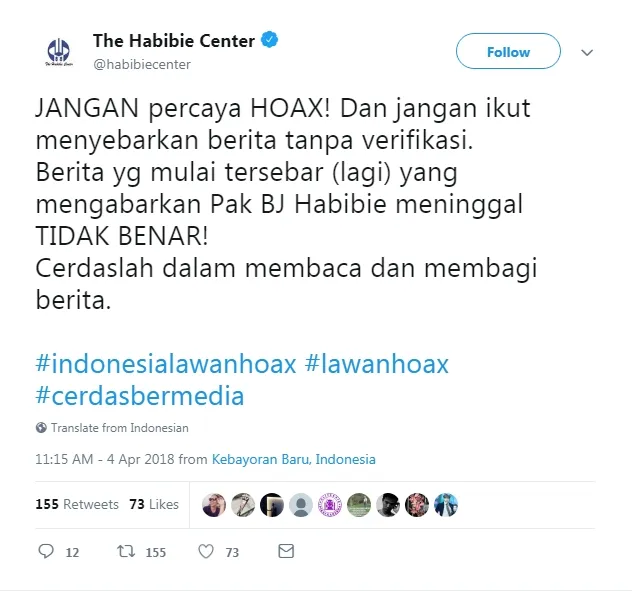 Statement resmi pihak BJ Habibie atas hoax ini. © twitter.com/habibiecenter/