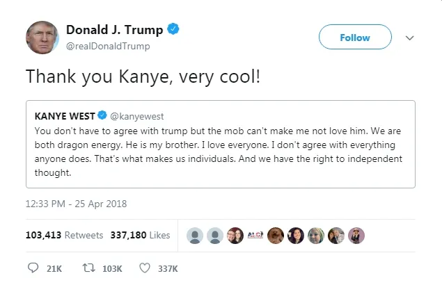 Netizen semakin marah karena balasan Trump pada kanye. (Cr: twitter.com/realdonaldtrump)