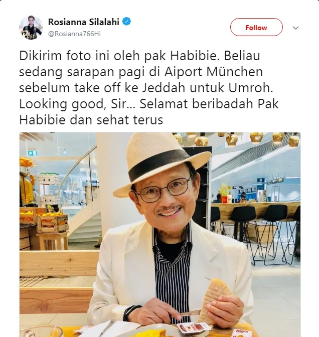 BJ Habibie sedang sarapan sambil menunggu penerbangan dari Munchen menuju Jeddah. © twitter.com/Rosianna766Hi