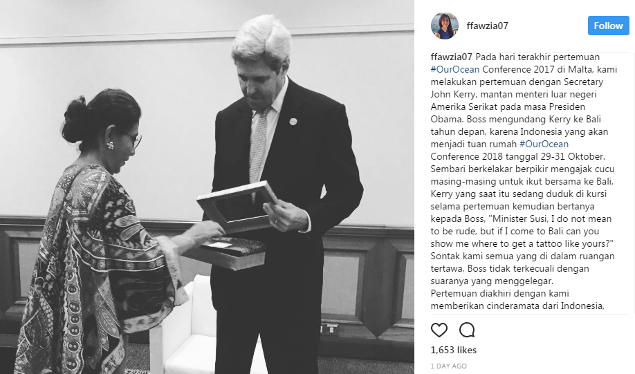 Menteri Susi dan John Kerry saat hadir di Our Ocean Conference © instagram.com/ffawzia07 