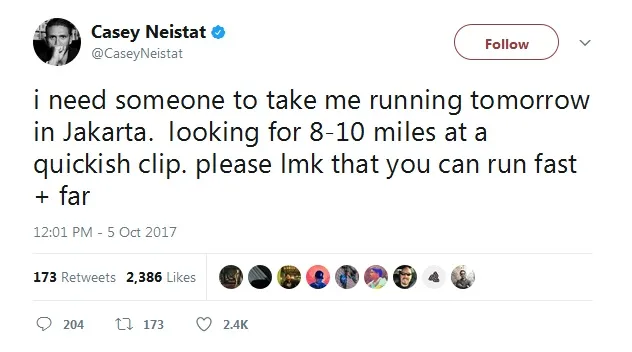 Casey bakal lari besok pagi © Twitter.com/CaseyNeistat
