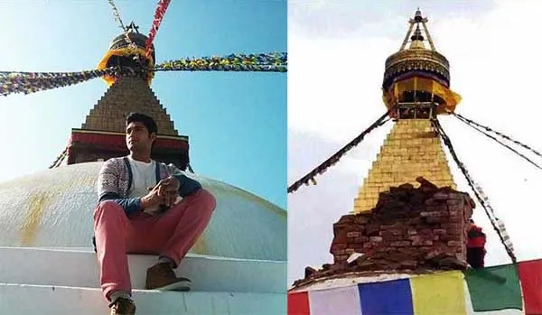 Ruslan Mumtaaz saat di Nepal. (Kiri) sebelum gempa, (kanan) kondisi sesudah gempa. @bollywoodlife