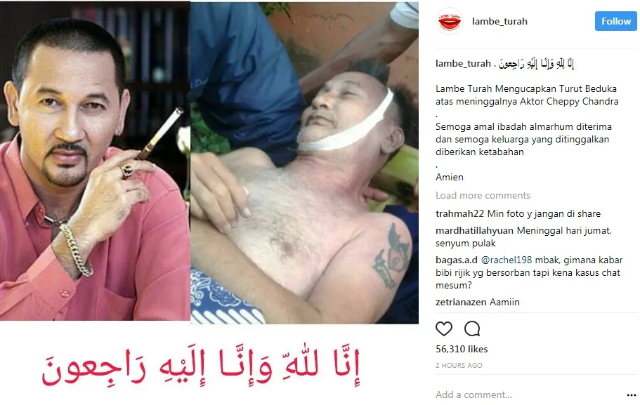 Foto jenazah almarhum Cheppy disebut tersenyum. 姆nstagram.com/lambe_turah