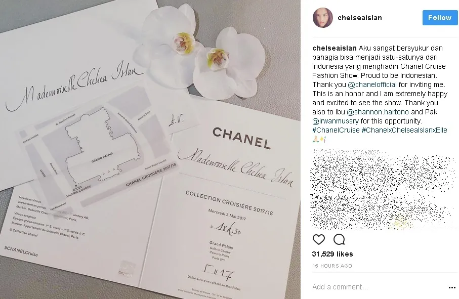 Chelsea Islan dapat undangan untuk hadir di fashion show yang digelar oleh rumah mode Chanel! /©instagram.com/chelseaislan