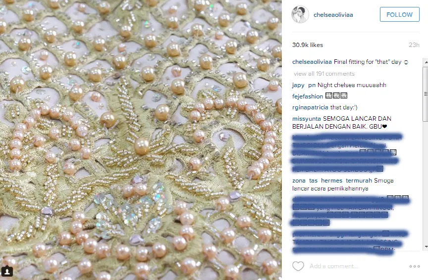 Begini sebagian gaun Chelsea. @instagram/chelseaoliviaa