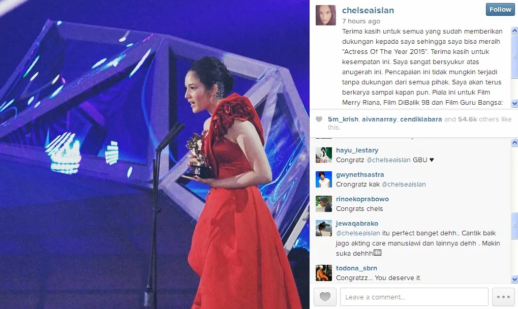 Chelsea kembali mengucapkan terima kasih atas kemenangannya di ICA 2015 © instagram.com/chelseaislan
