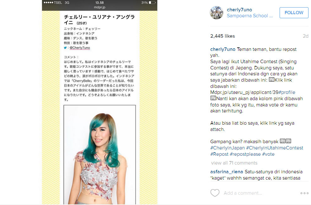 Cherly ex Chibi ikutan kontes nyanyi di Jepang © Instagram.com/cherly7uno