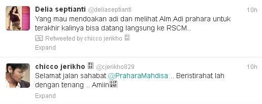 Ucapan duka Chicco Jericho dan Delia Sptianti. @twitter