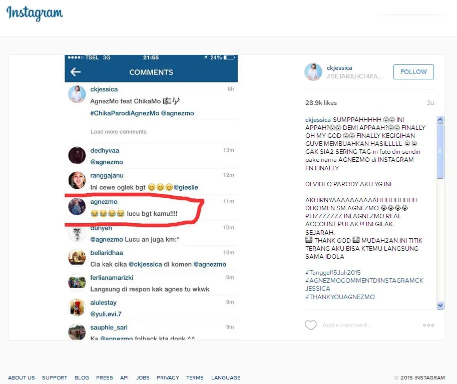 Komentar Agnes Monica jadi prestasi dan momen bersejarah bagi Chika Jessica ©Instagram.com/ckjessica/