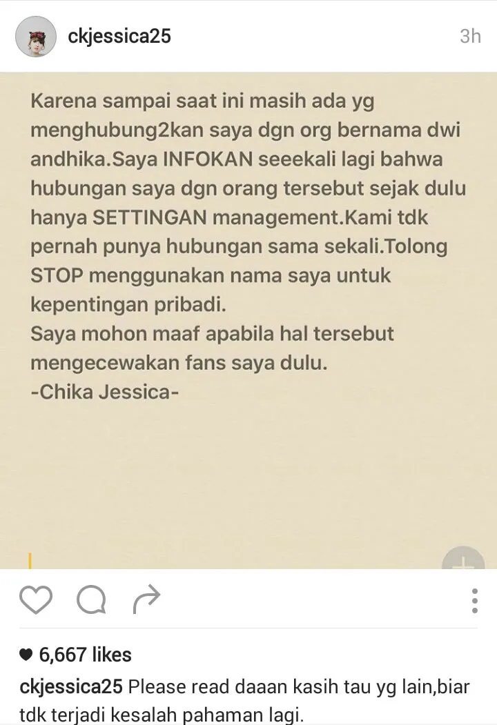 Chika Jessica akui hubungannya dengan Dwi Andhika hanya settingan © Instagram.com/ckjessica25
