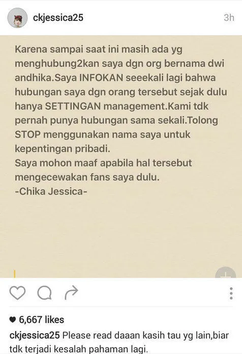 Pengakuan Chika Jessica di Instagram © Instagram.com/ckjessica25