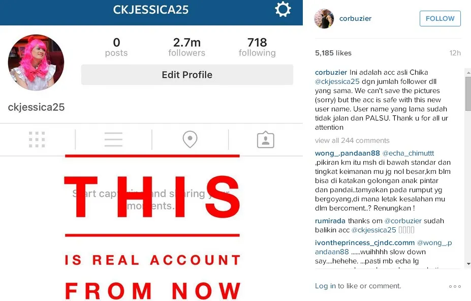 Postingan Deddy tentang akun Chika yang di-hack © instagram.com/corbuzier